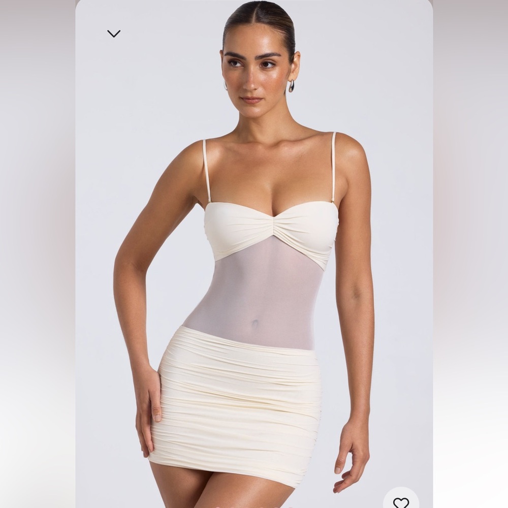 Sheer Panelled Ruched Mini Dress in Ivory